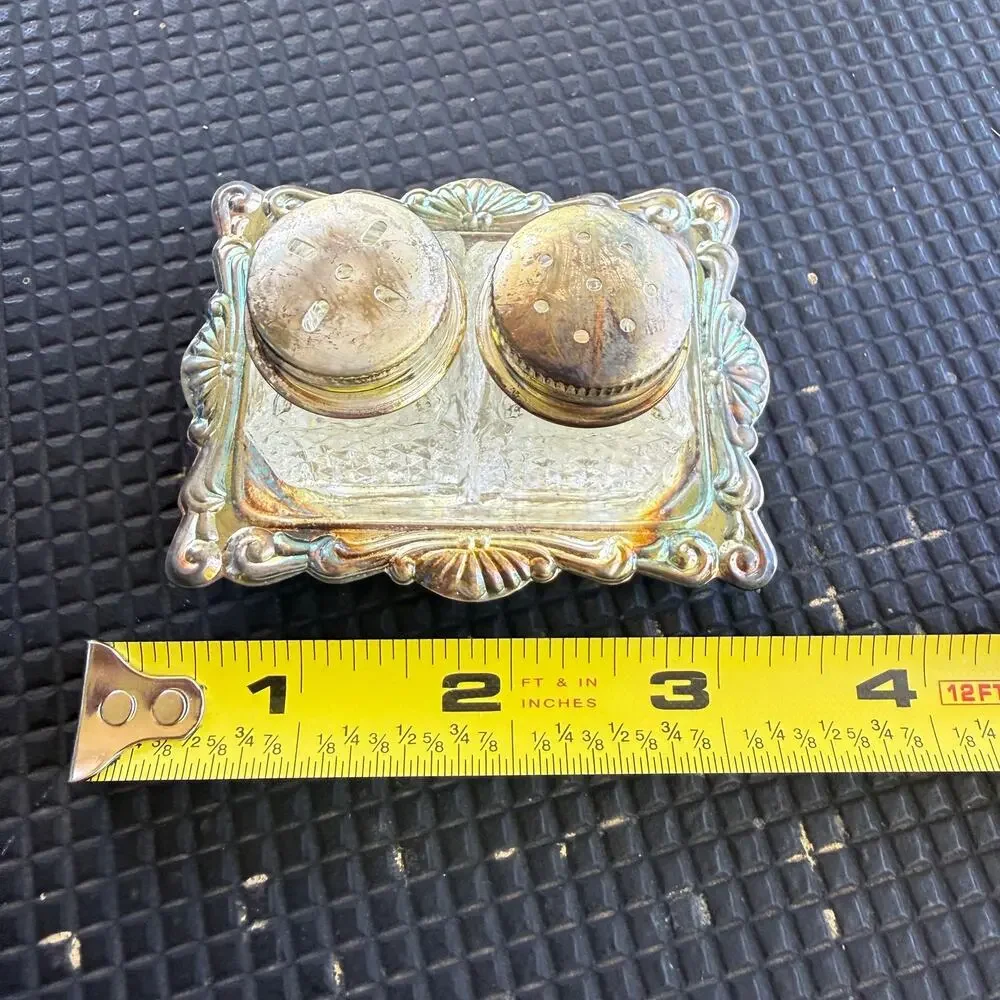 Vintage Silver Plated Salt Pepper Shakers Tray Hong Kong Pressed Glass Set